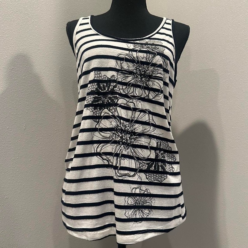 Forever 21 Black and White Striped Floral Tank Top